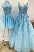 Blue tulle lace A line Formal Prom dress blue lace tulle formal dress