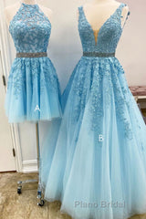 Blue tulle lace A line Formal Prom dress blue lace tulle formal dress