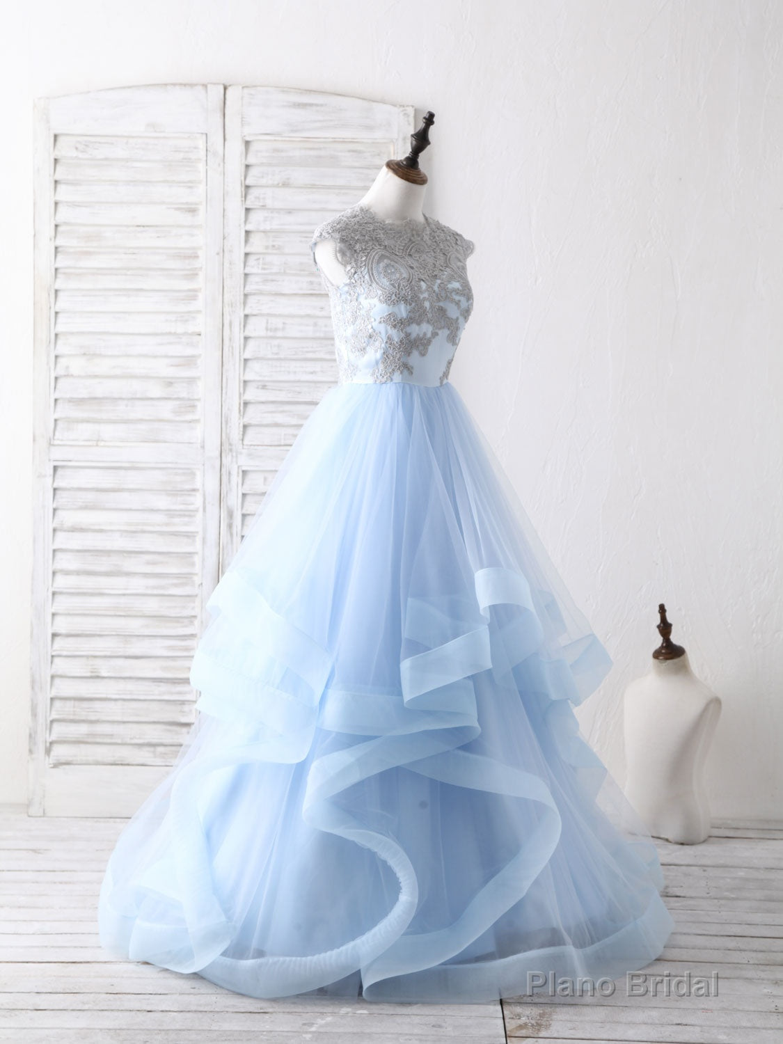 Blue Tulle Lace Applique Long Prom Dress Blue Tulle Sweet 16 Dress Main image