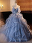 Blue Tulle Lace Beading Quinceanera Dresses