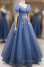 Blue Tulle Lace Floor Length Formal Prom Dresses, Blue Short Sleeve Evening Dresses