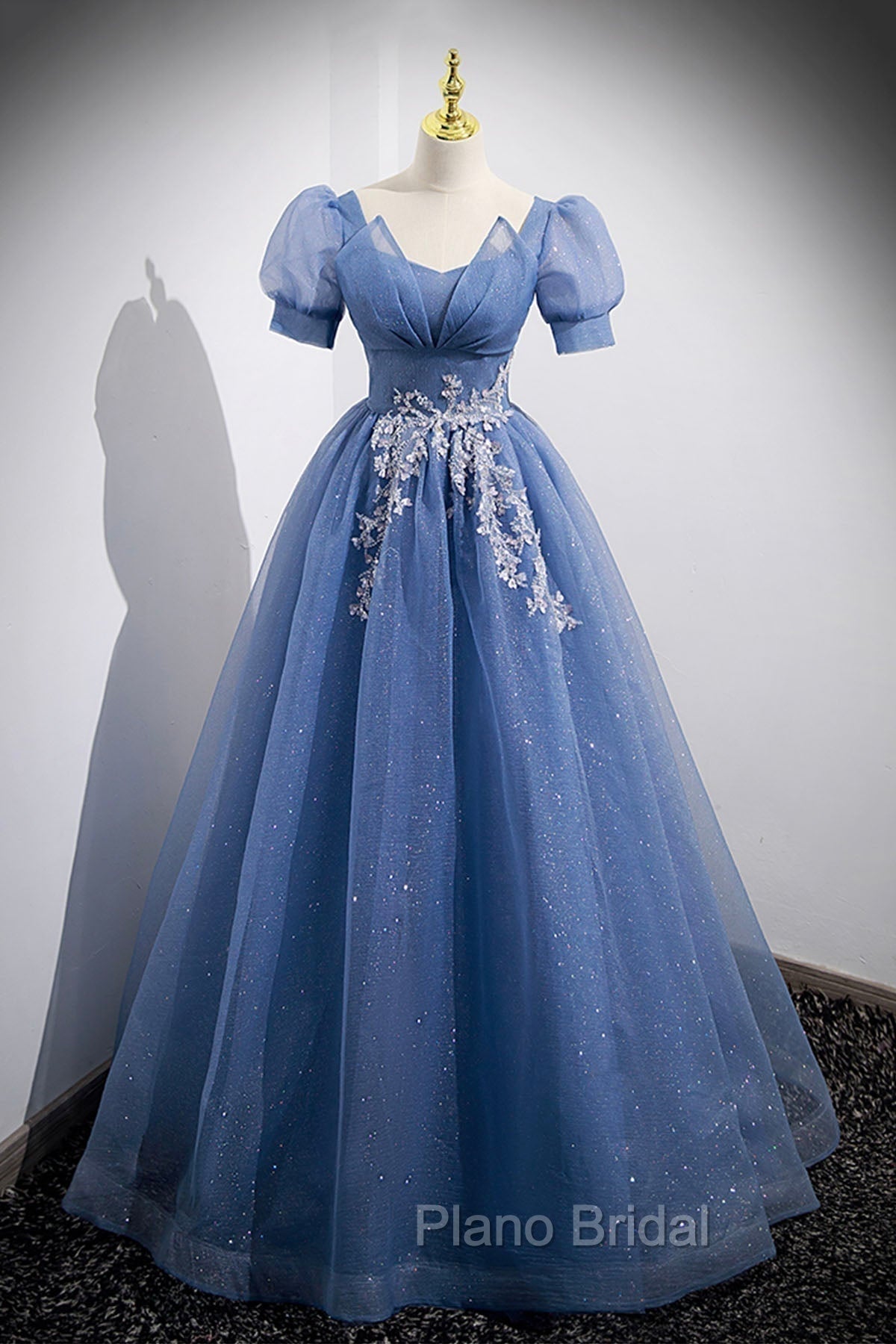 Blue Tulle Lace Floor Length Formal Prom Dresses, Blue Short Sleeve Evening Dresses Main image