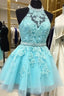 Blue Tulle Lace Halter Backless Homecoming Dresses