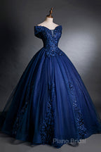 Blue Tulle Lace Long A-Line Ball Gown, Off The Shoulder Formal Party Dresses