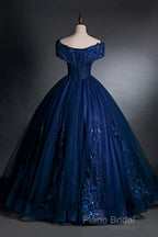 Blue Tulle Lace Long A-Line Ball Gown, Off The Shoulder Formal Party Dresses