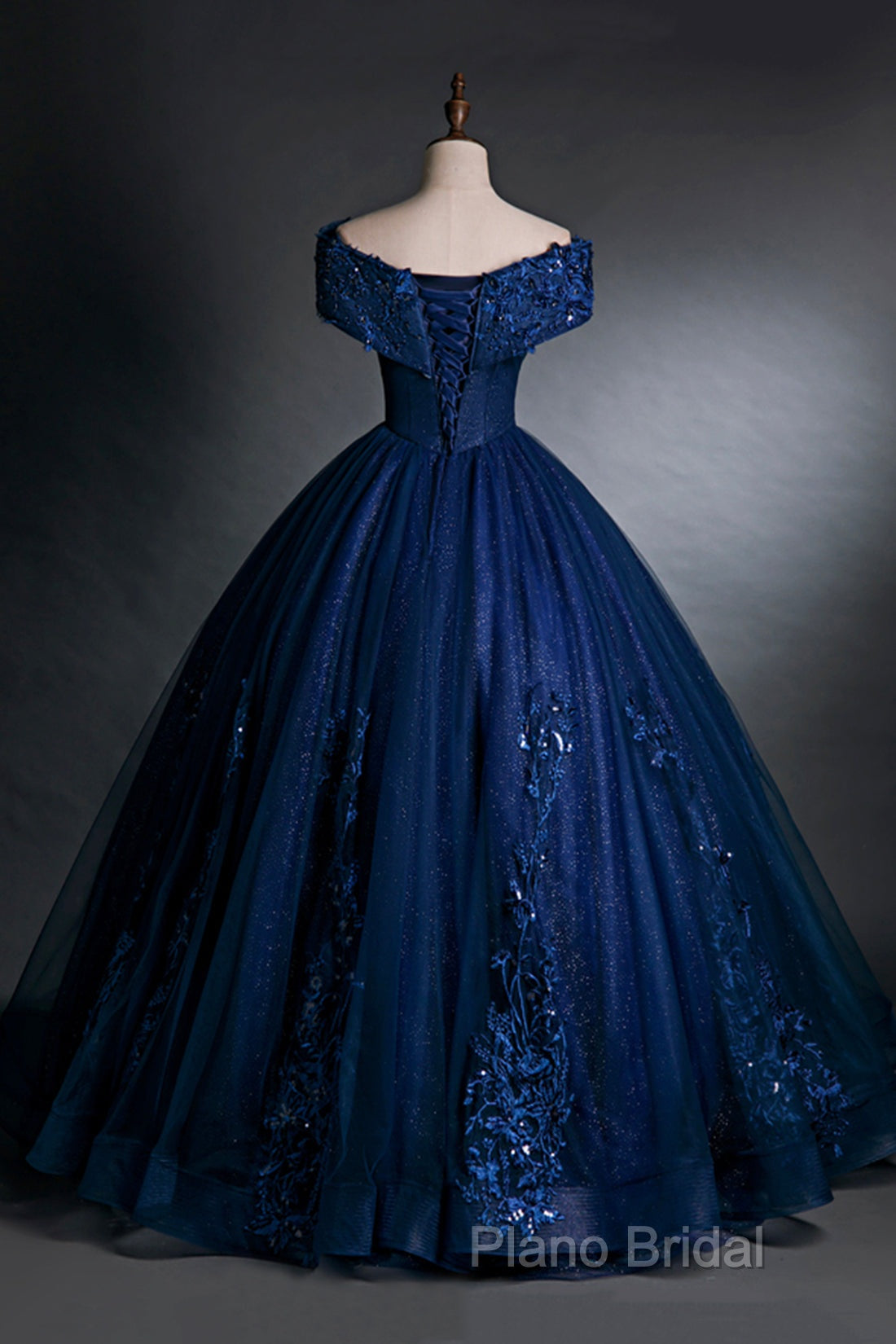 Blue Tulle Lace Long A-Line Ball Gown, Off The Shoulder Formal Party Dresses