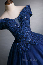 Blue Tulle Lace Long A-Line Ball Gown, Off The Shoulder Formal Party Dresses