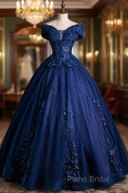 Blue Tulle Lace Long A-Line Ball Gown, Off The Shoulder Formal Party Dresses