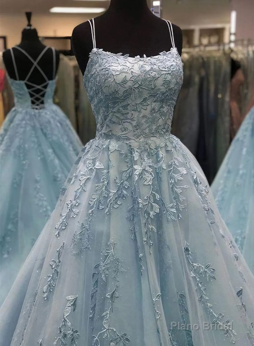 Blue tulle lace long prom dress, blue evening dresses Main image