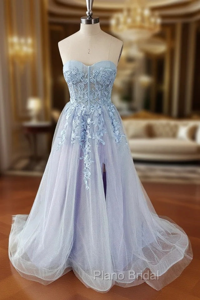Blue Tulle Lace Long Formal Prom Dresses, Blue Strapless Evening Dresses with Slit Main image