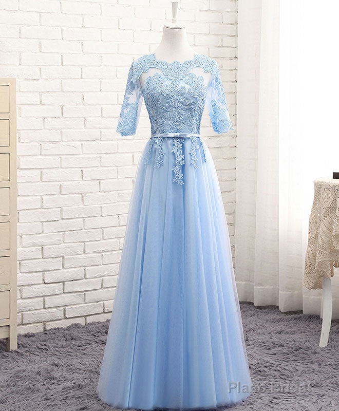 Blue Tulle Lace Long Prom Dress Blue Tulle Bridesmaid Dress Secondary image