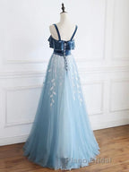 Blue tulle lace long Formal Prom dress, blue tulle formal dress