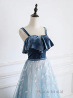 Blue tulle lace long Formal Prom dress, blue tulle formal dress