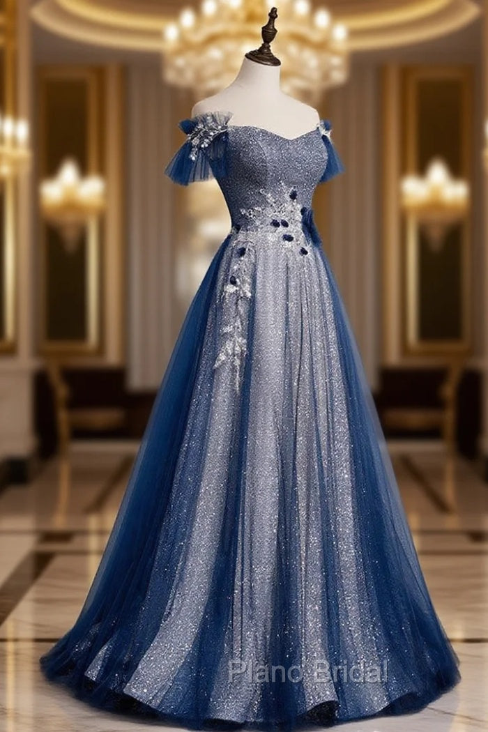 Blue Tulle Lace Long Formal Prom Dresses, Blue Tulle Lace Bridesmaid Dresses Main image