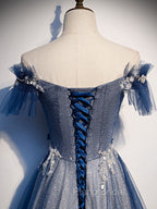 Blue Tulle Lace Long Formal Prom Dresses, Blue Tulle Lace Bridesmaid Dresses