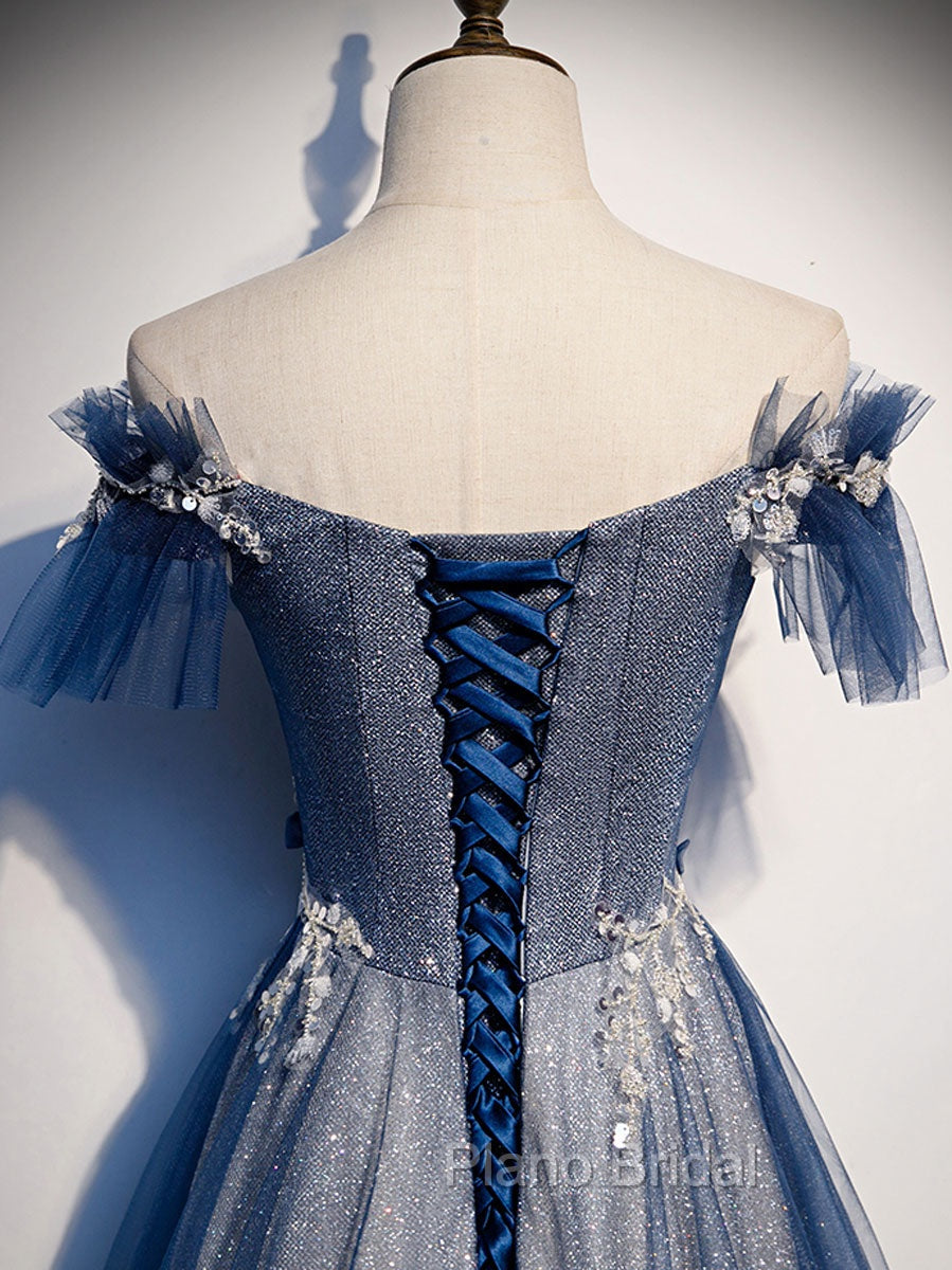 Blue Tulle Lace Long Formal Prom Dresses, Blue Tulle Lace Bridesmaid Dresses