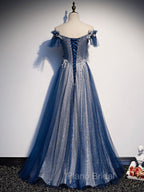 Blue Tulle Lace Long Formal Prom Dresses, Blue Tulle Lace Bridesmaid Dresses