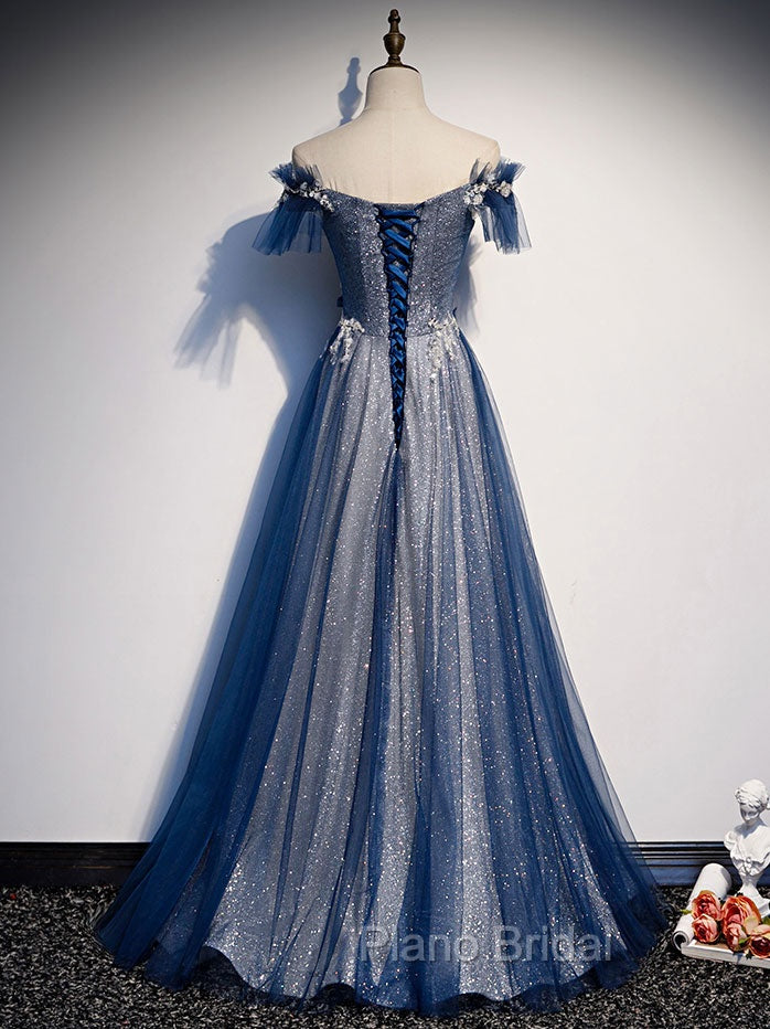 Blue Tulle Lace Long Formal Prom Dresses, Blue Tulle Lace Bridesmaid Dresses