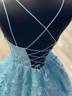 Blue Tulle Lace Long Formal Prom Dresses Blue Tulle Lace Evening Dresses