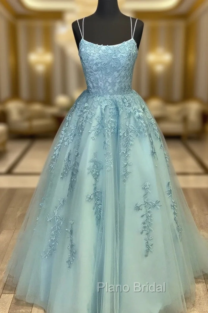 Blue Tulle Lace Long Formal Prom Dresses Blue Tulle Lace Evening Dresses