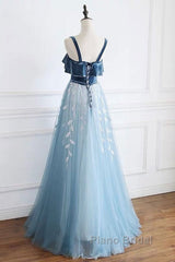 Blue Tulle Lace Long Formal Prom Dresses, Blue Tulle Long Evening Dresses