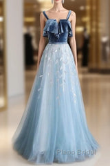 Blue Tulle Lace Long Formal Prom Dresses, Blue Tulle Long Evening Dresses