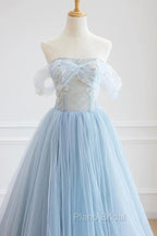 Blue Tulle Lace Long Formal Prom Dresses, High Low A-Line Evening Party Dresses