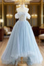 Blue Tulle Lace Long Formal Prom Dresses, High Low A-Line Evening Party Dresses