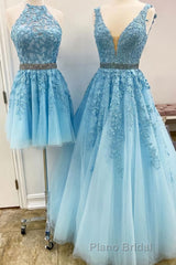 Blue Tulle Lace Formal Prom Dresses, Blue Tulle Lace Formal Evening Dresses