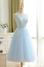 Blue Tulle Lace Short Formal Prom Dresses, A-Line Homecoming Party Dresses