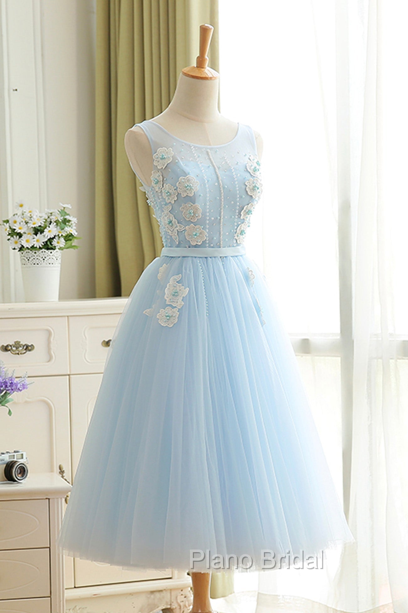 Blue Tulle Lace Short Formal Prom Dresses, A-Line Homecoming Party Dresses