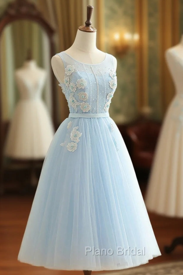 Blue Tulle Lace Short Formal Prom Dresses, A-Line Homecoming Party Dresses