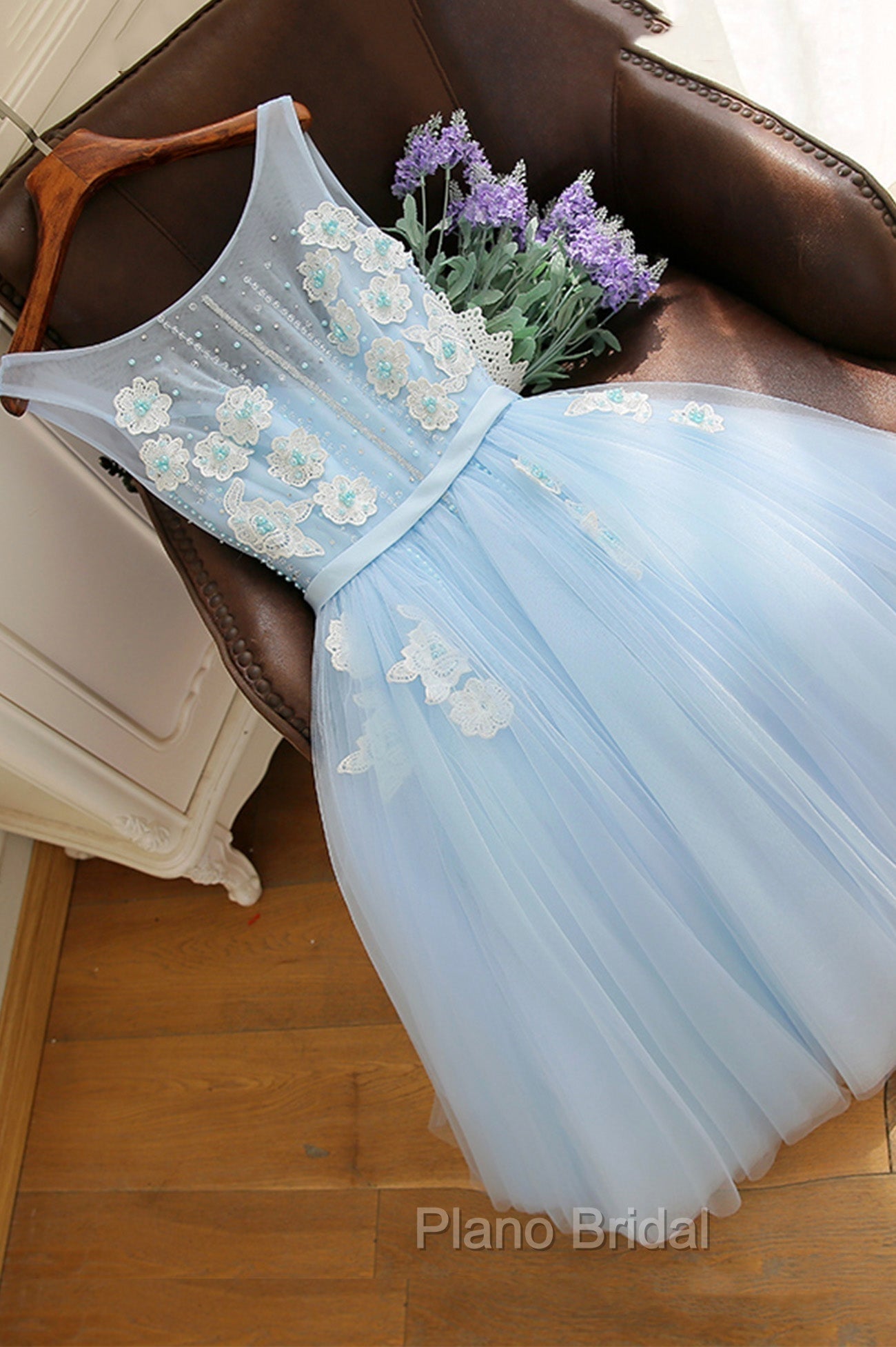 Blue Tulle Lace Short Formal Prom Dresses, A-Line Homecoming Party Dresses Main image