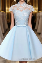 Blue tulle lace short Formal Prom dress, blue tulle lace homecoming dress