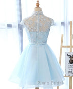 Blue tulle lace short Formal Prom dress, blue tulle lace homecoming dress