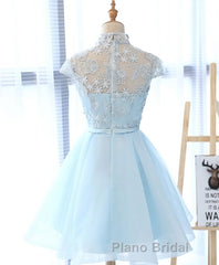 Blue tulle lace short Formal Prom dress, blue tulle lace homecoming dress