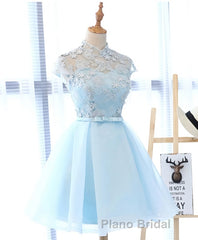 Blue tulle lace short Formal Prom dress, blue tulle lace homecoming dress