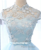 Blue tulle lace short Formal Prom dress, blue tulle lace homecoming dress