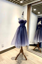 Blue Tulle Lace Short Formal Prom Dresses, Off the Shoulder Evening Party Dresses