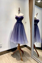 Blue Tulle Lace Short Formal Prom Dresses, Off the Shoulder Evening Party Dresses