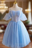 Blue Tulle Lace Spaghetti Straps Pleats Homecoming Dresses