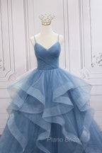 Blue Tulle Layers Long Formal Dresses, Blue Tulle with Straps Party Dresses