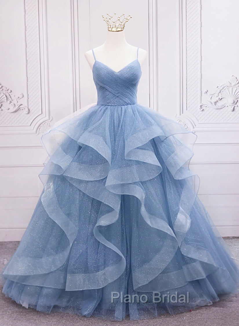 Blue Tulle Layers Long Party Dresses Formal Prom Dresses, Sweet 16 Dresses