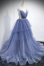 Blue Tulle Layers Long Formal Prom Dresses, A-Line Spaghetti Strap Party Dresses