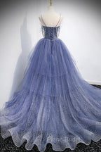 Blue Tulle Layers Long Formal Prom Dresses, A-Line Spaghetti Strap Party Dresses