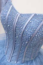 Blue Tulle Layers Long Formal Prom Gown, A-Line Blue Evening Dresses