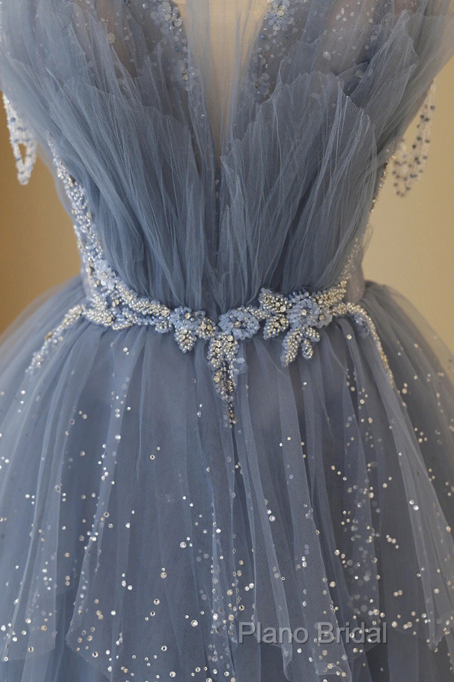Blue Tulle Layers Straps Beaded Long Formal Prom Dresses, Blue A-Line Formal Dresses Secondary image