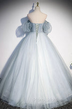 Blue Tulle Long A-Line Ball Gown, Off the Shoulder Formal Evening Dresses