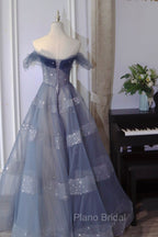 Blue Tulle Long A-Line Formal Prom Dresses