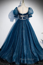 Blue Tulle Long A-Line Formal Prom Dresses, A-Line Short Sleeve Evening Dresses